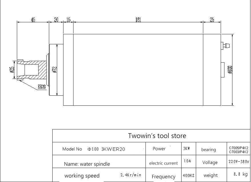 3 кВт шпиндель с водяным охлаждением комплект 3 кВт ER20 мотор шпинделя 4 подшипника+ 3 кВт инвертор+ 100 мм зажим шпинделя+ 3,5 м насос+ 5 м труба