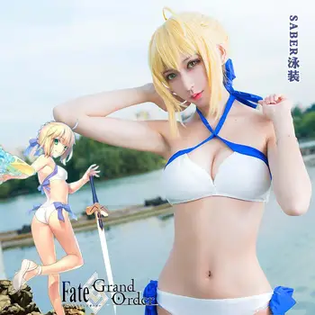 

Fate/GrandOrder Saber Cosplay Swimsuit Summer Swimming Costume White Blue Swimwear Japanese Uniform Anime Cosplay