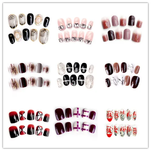 

24PCS/set Round/Square Head Full Nail Tips Patch Fashion Style Finished False Nails Lady Bride Fake Nails Art Tool Multi Styles