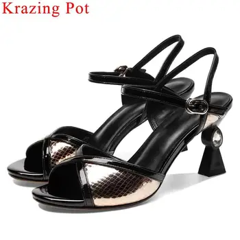 

Krazing Pot limited customization buckcle strap high heels snakeskin grain women sandals cow leather big size peep toe shoes L53