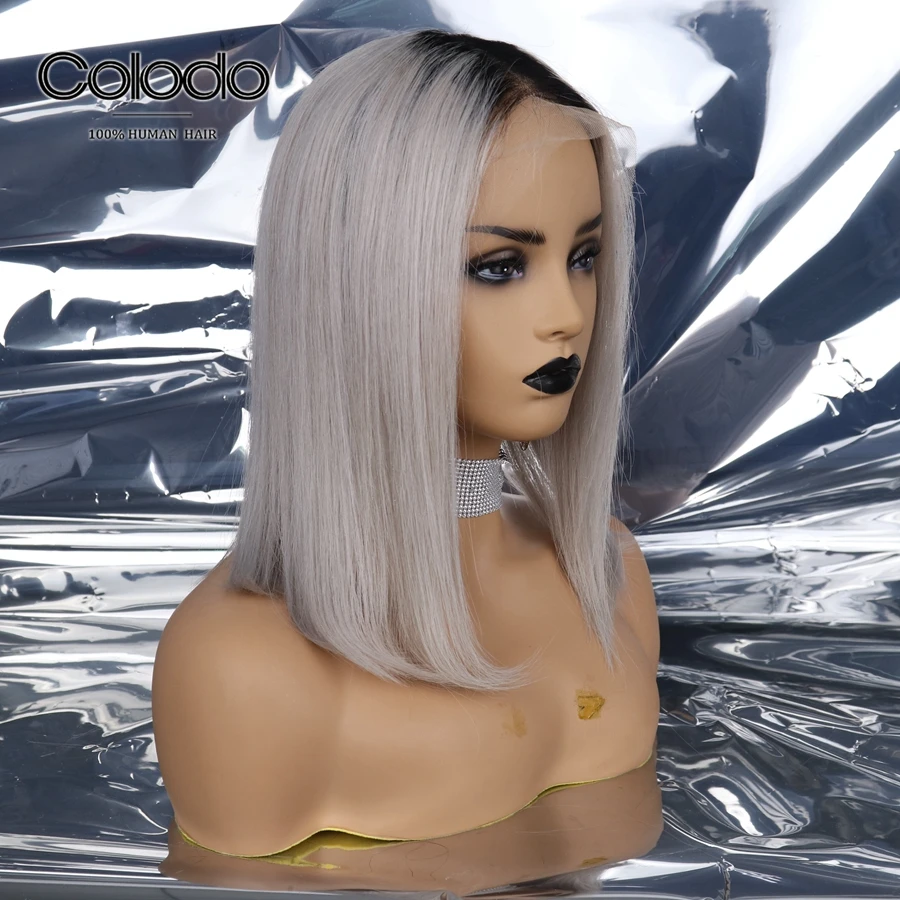 COLODO Ombre Platinum Blonde remy волосы на кружеве парик 1" серые прямые человеческие волосы парики 13x4 предварительно сорванные Бразильские короткие парики