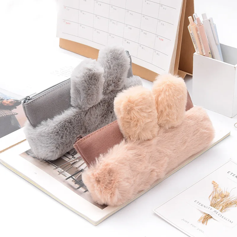 Novelty Cute Bunny Rabbit Plush Canvas Pencil Case Fabric Zipper Pencil