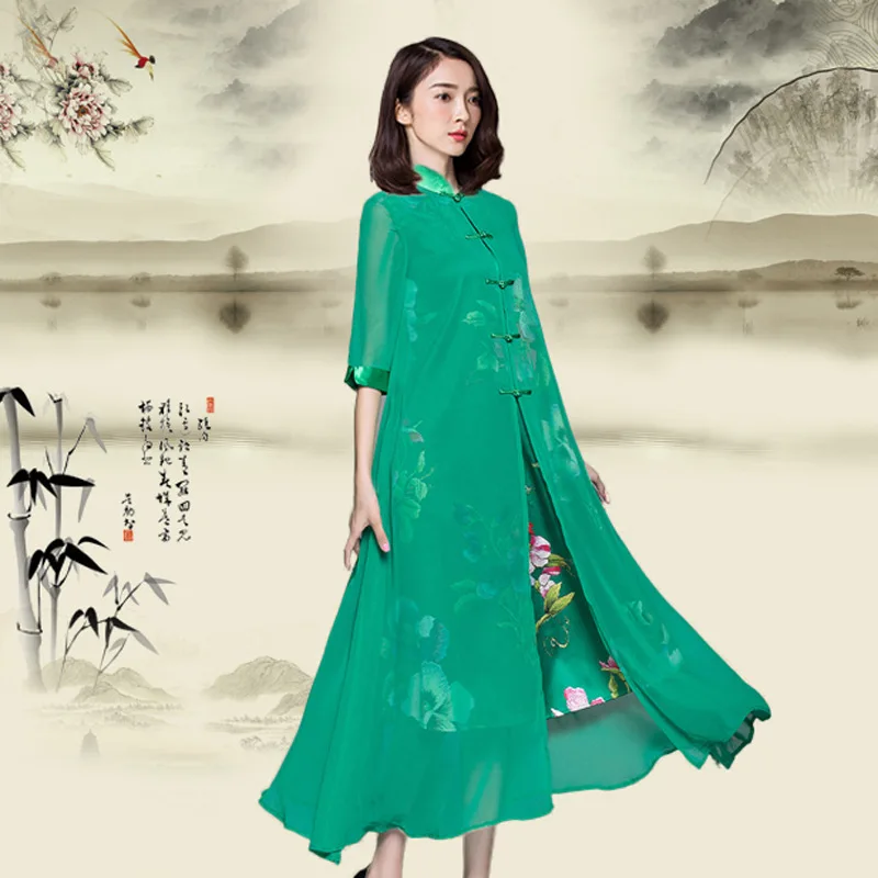 

New fashion Tang suit modern traditional Chinese style gowns summer dress Qipao long green vintage cheongsam for women