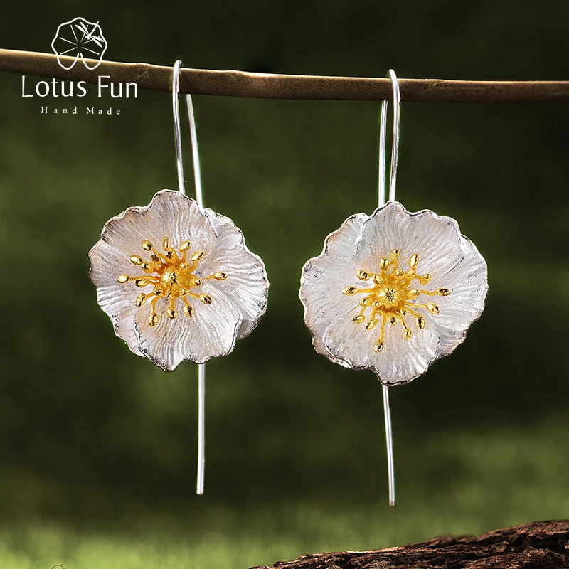 Женские серьги с цветущими маками Lotus Fun ручной работы из настоящего серебра 925