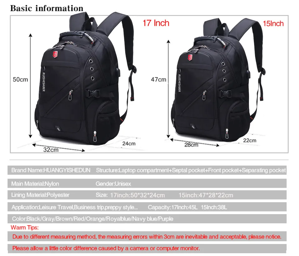 Brand Waterproof 17inch Laptop Backpack Men Backpacks for Teenage Girls Swiss Travel Backpack Women Male School Bag Mochila