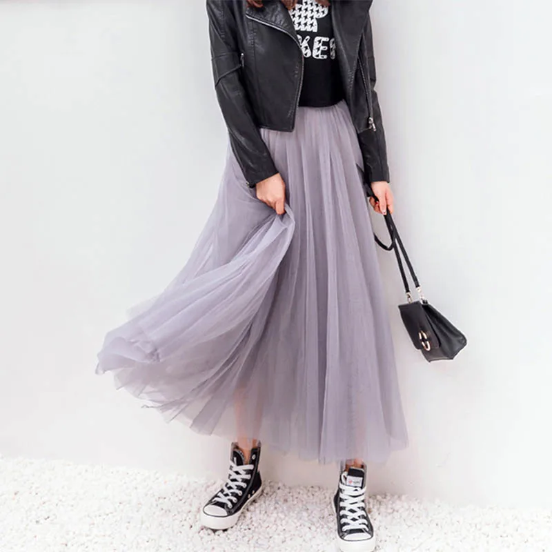 UPPIN New Spring Tulle Skirts Womens Fashion Girls Mesh Tutu Skirt Pleated Long Skirts Midi Skirt Saias Faldas Jupe Femme