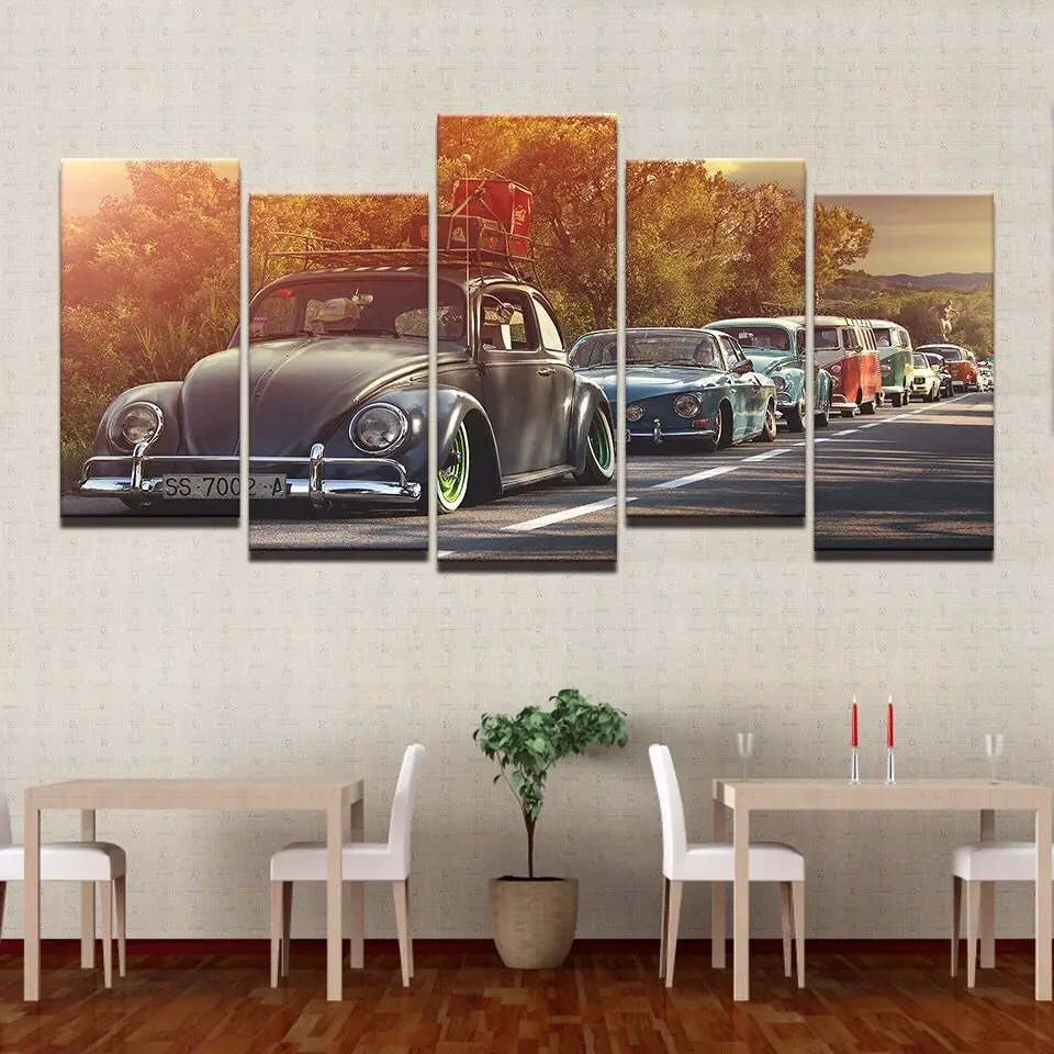 HD Печать дома стены Искусство украшения картины Современные 5 шт. Volkswagen Beetle Автомобильная живопись на холсте Ретро Закат Плакат рамка