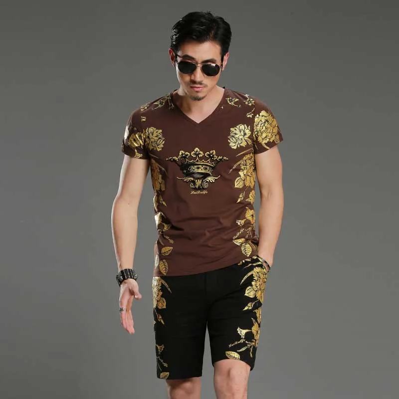 Summer Short Sets Tshirt with Short 2PCS Set Floral Printed Tracksuit Men Casual T Shirt Short SLeeve Sweat Suits Male Clothing