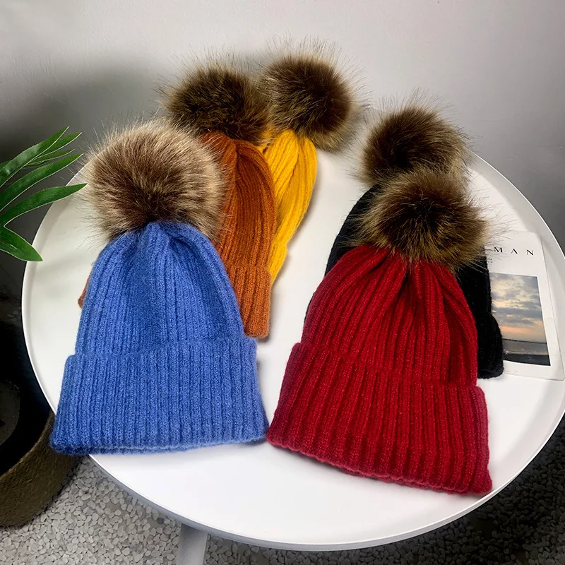 Warm Fashion Bonnet Skullies Women Warm Beanies Women Elasticity Crochet Winter Knit Ski Beanies Hair Ball Cotton Knit Hat