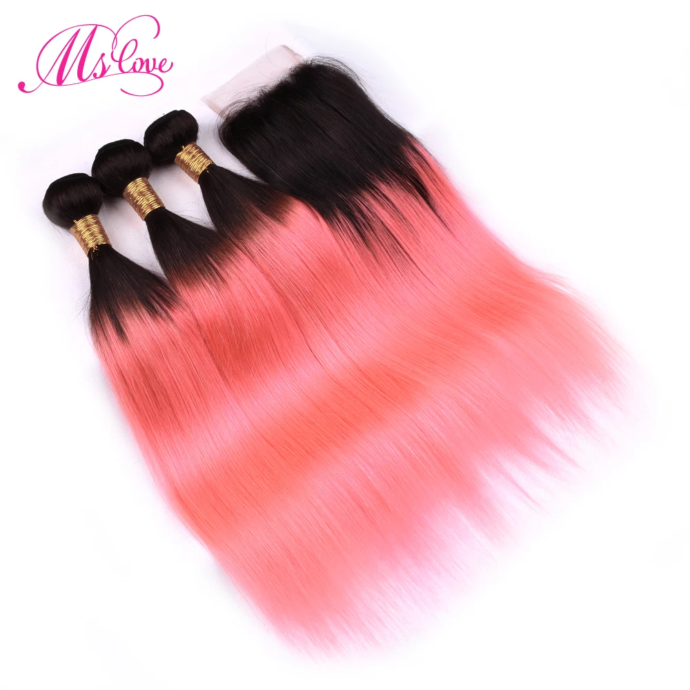 Ms Love Pre Colored Tb/Rose Glod Ombre Hair Bundles With Closure Remy Brazilian Human Hair Straight Bundles With Lace Closure Ms Love Pre Colored Tb/Rose Glod Ombre Hair Bundles With Closure Remy Brazilian Human Hair Straight Bundles With Lace Closure