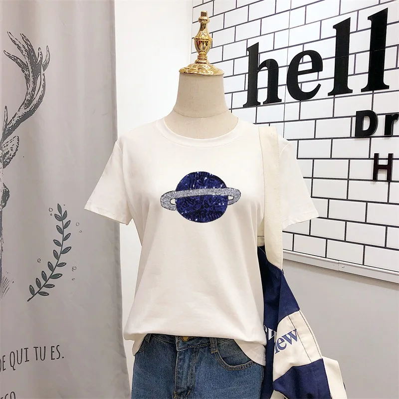 LAAMEI 2019 Summer New Fashion Planet Saturn Women Sequined T-Shirt Female Cotton Short Sleeve O-Neck Tops Tees Harajuku Tshirts LAAMEI 2019 Summer New Fashion Planet Saturn Women Sequined T-Shirt Female Cotton Short Sleeve O-Neck Tops Tees Harajuku Tshirts