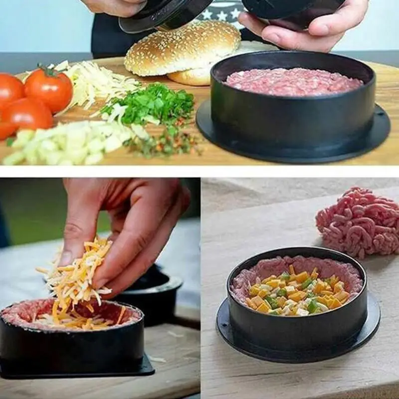 

VKTECH Non-stick Chef Meat Cutlets Hamburger Maker Kitchen Cooking Tool Black Burger Mould Press Holder Container