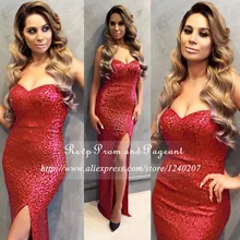 Sexy Sequin Prom Dress Wit Side Slit Sweetheart Neck Off The Shoulder Red Mermaid Prom Dresses 2017