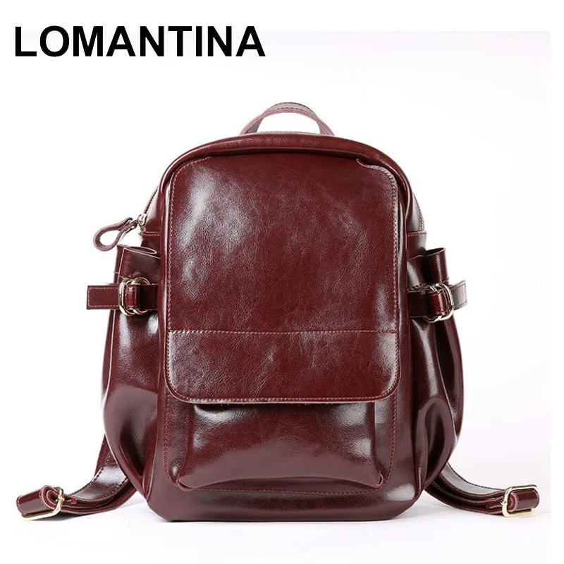 

LOMANTINA England Style Fashion Genuine Oil Wax Leather Cowhide Double Shoulder Bags Travel School Backpacks For Girls