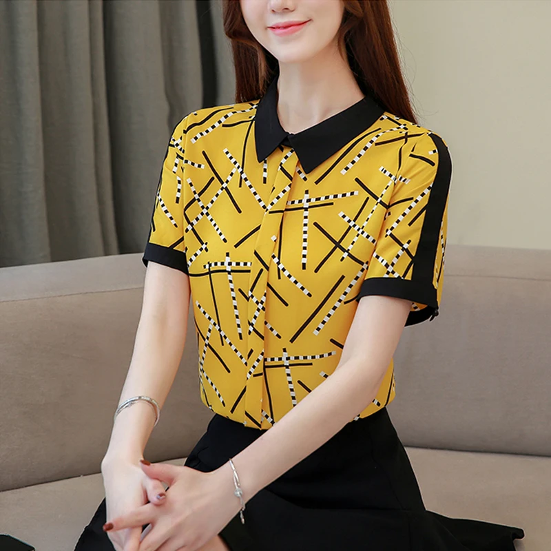 

Blusa Fashion Women Blouse Shirt Female Printed Chiffon Blouse Doll Collar Short Sleeve Shirt Summer Womens Tops and Blouses