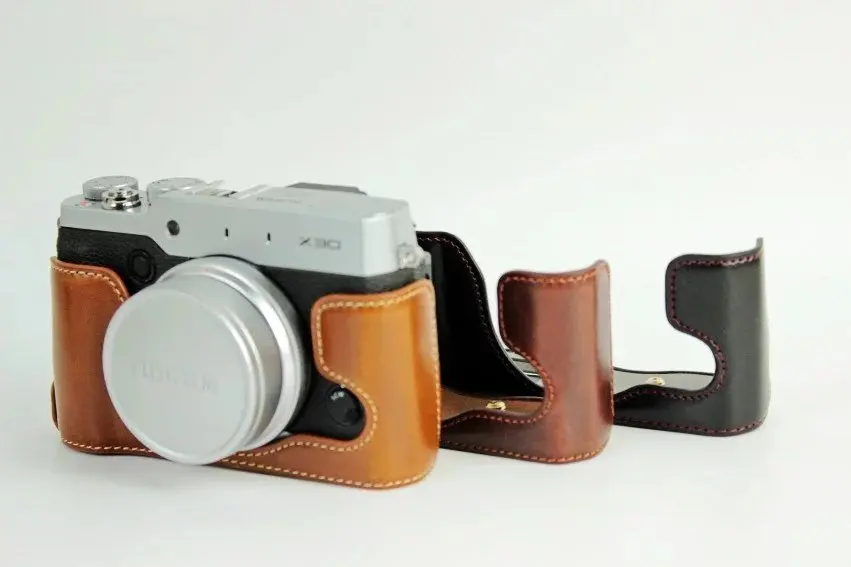 Custodia Per Fotocamera Adatta Per Fujifilm X30 Bottom Pu Half Body Set Cover Black Coffee Brown Con Apertura Della Batteria