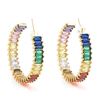 

Rainbow Baguette Cubic Zirconia Cz Hoop Earring Gold Filled Classic Gorgeous European Women Fashion Elegance Jewelry