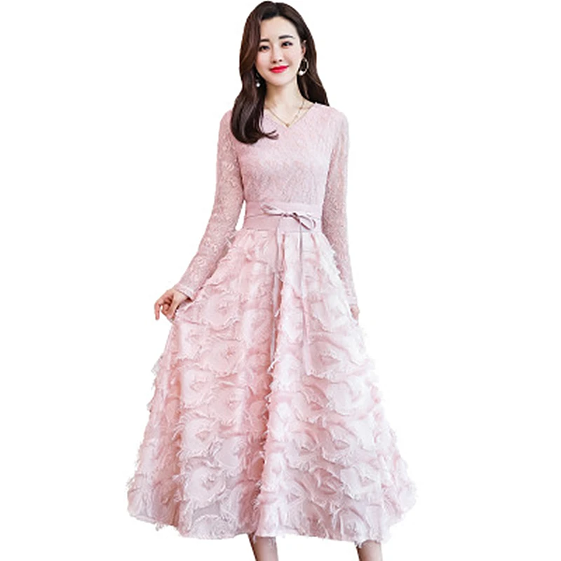 2019 Lente Nieuwe Temperament Lange mouwen Sexy Jurk Eenvoudige Slanke Taille Cover Vlees Grote Swing Mode Dames vrouwen kleding 2019 Lente Nieuwe Temperament Lange mouwen Sexy Jurk Eenvoudige Slanke Taille Cover Vlees Grote Swing Mode Dames vrouwen kleding