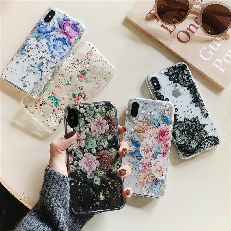 

Luxury Glitter Gold Foli Cases for iPhone 8 7 6 6S Plus Clear Soft Silicone Case for iPhone X XR XS Max Bling Flower Cover
