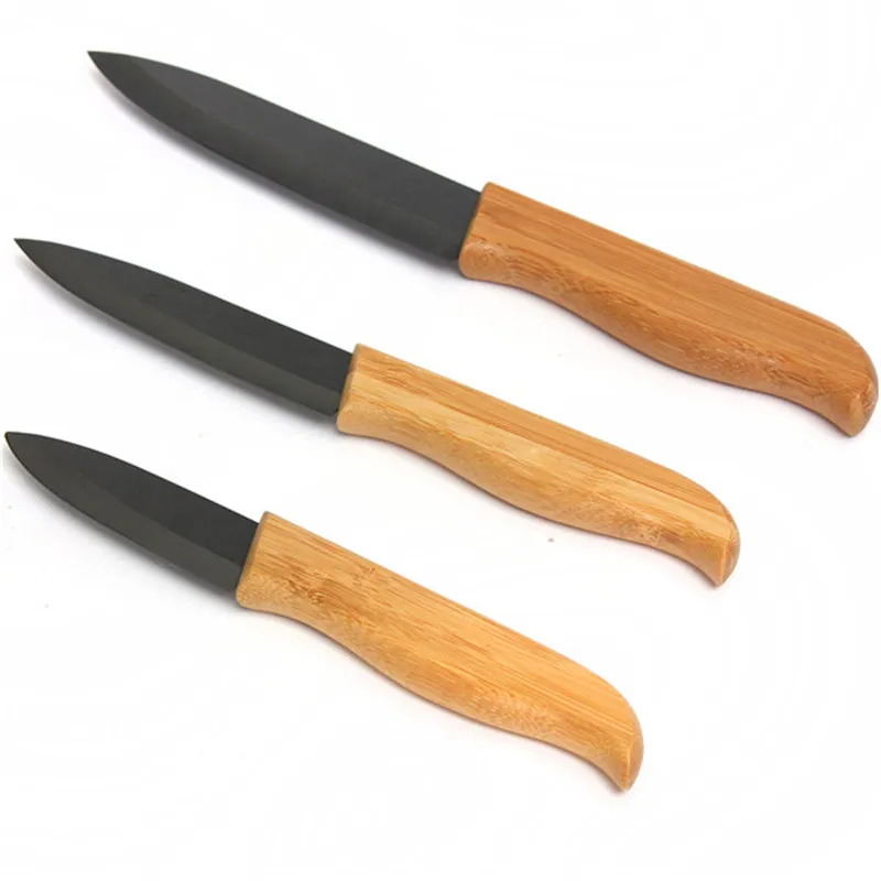 Новое поступление Высококачественная бамбуковая ручка с черное керамическое лезвие Набор ножей инструменты 3 4 5 дюймов Кухонные ножи+ Cov