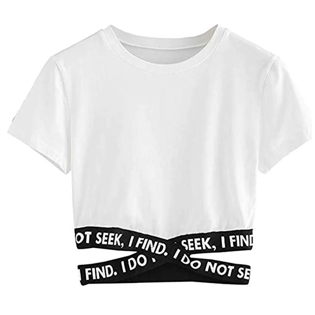 Летняя женская модная Однотонная футболка с перекрестной повязкой, сексуальные топы, модная футболка, короткий стиль, verano - Цвет: White