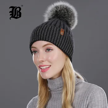 

[FLB] Women Winter Hat Real Natural Fox Fur Pompom Hats Wool Knitted Beanies Cap Solid Colors Gorros Cap Female Causal Hat
