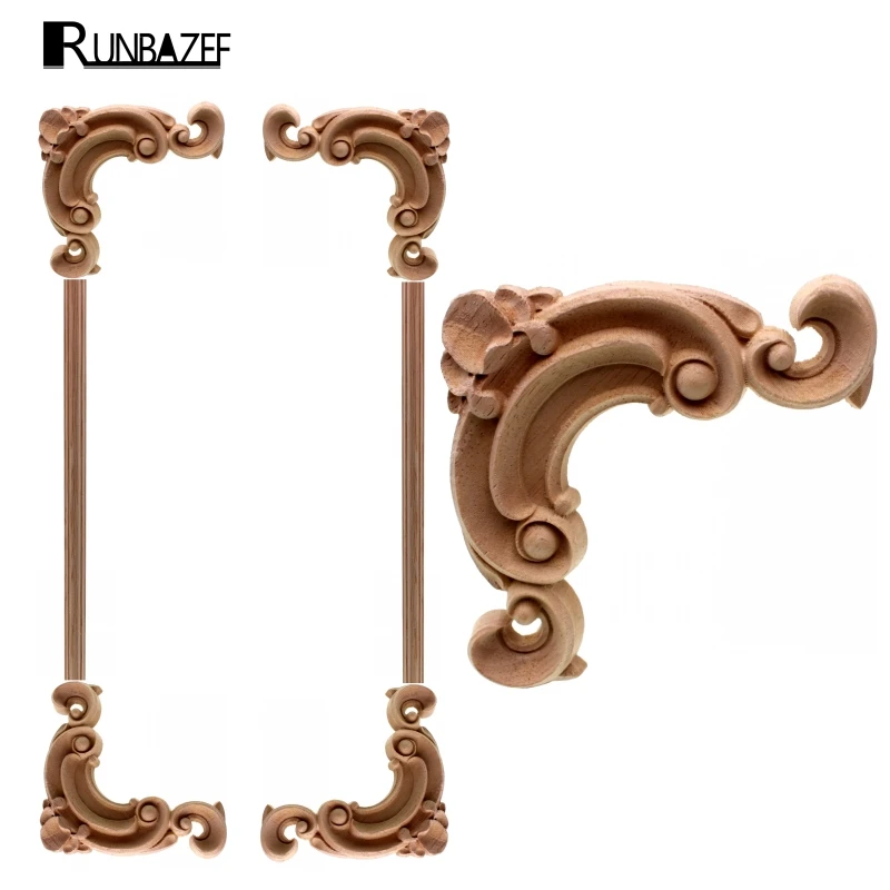 

RUNBAZEF Vintage Unpainted Wood Carved Decal Corner Applique Frame Home Furniture Wall Cabinet Door Decorative Miniature Craft