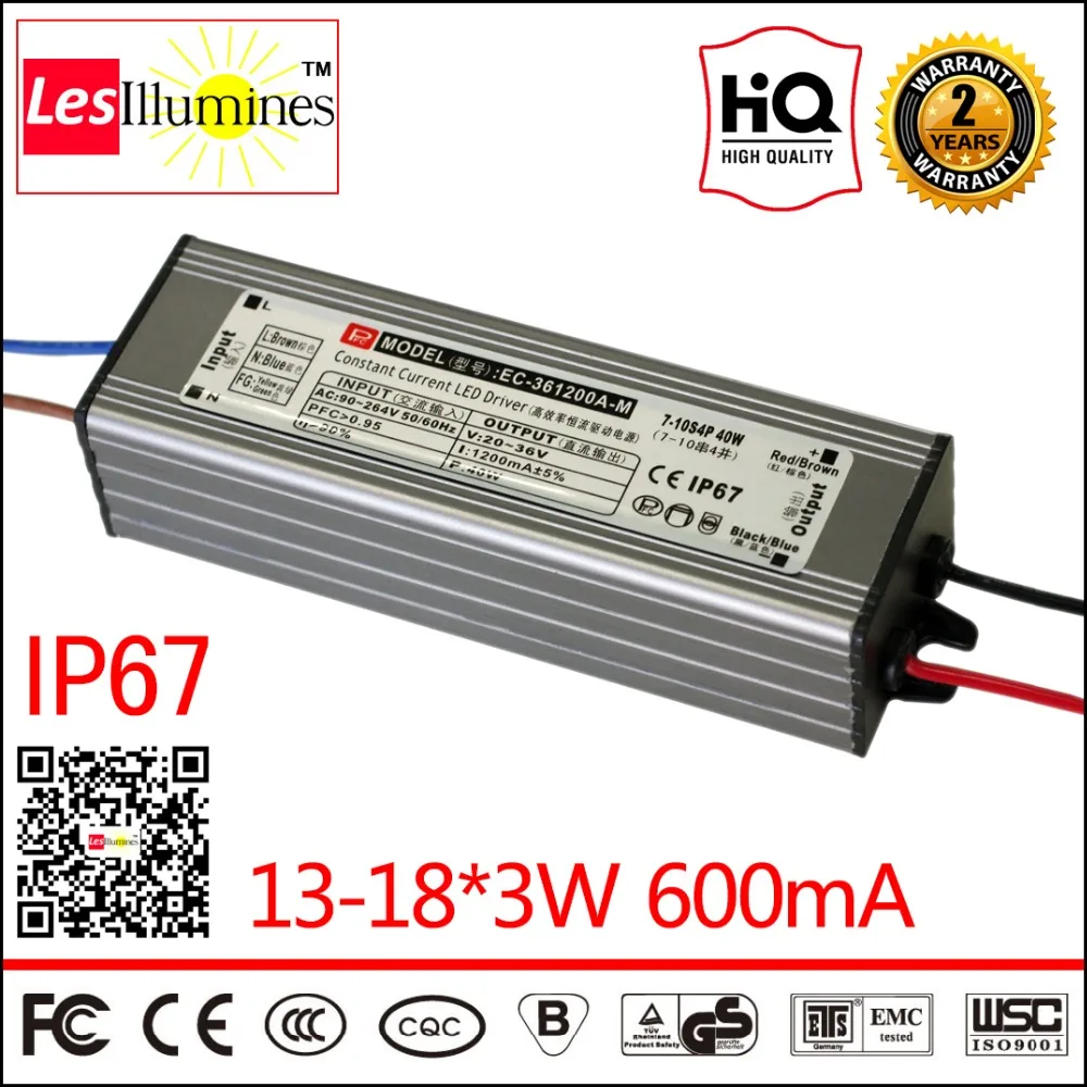 Waterproof LED Driver Transformer IP67 CE ROHS Approval AC DC Constant Current Output 36-62V 600mA 13-18*3W LED Power Supply