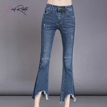 Дамы джинсы в Корейском стиле брюки-клёш Девятый брюки для девочек узкие дымчатый синий дизайн модные