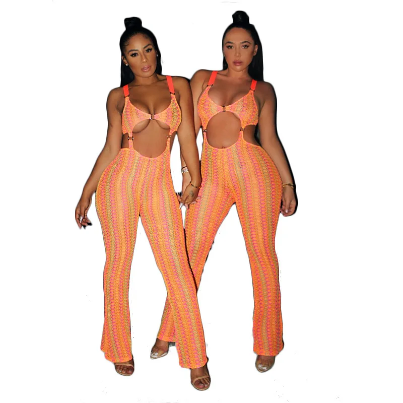 

2019 summer women geometric color knitted spaghetti strap sleeve tie up overalls wide leg beach jumpsuit sexy jumpsuit
