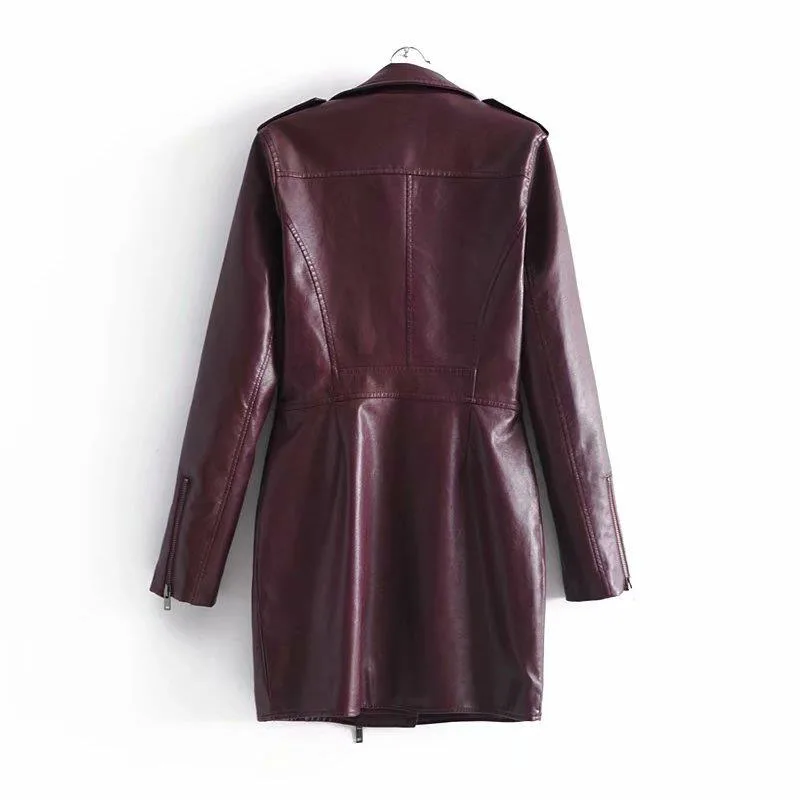Стильная женская куртка из искусственной кожи бордового, розового и черного цвета с длинным рукавом и карманами модное зимнее пальто ZO1402