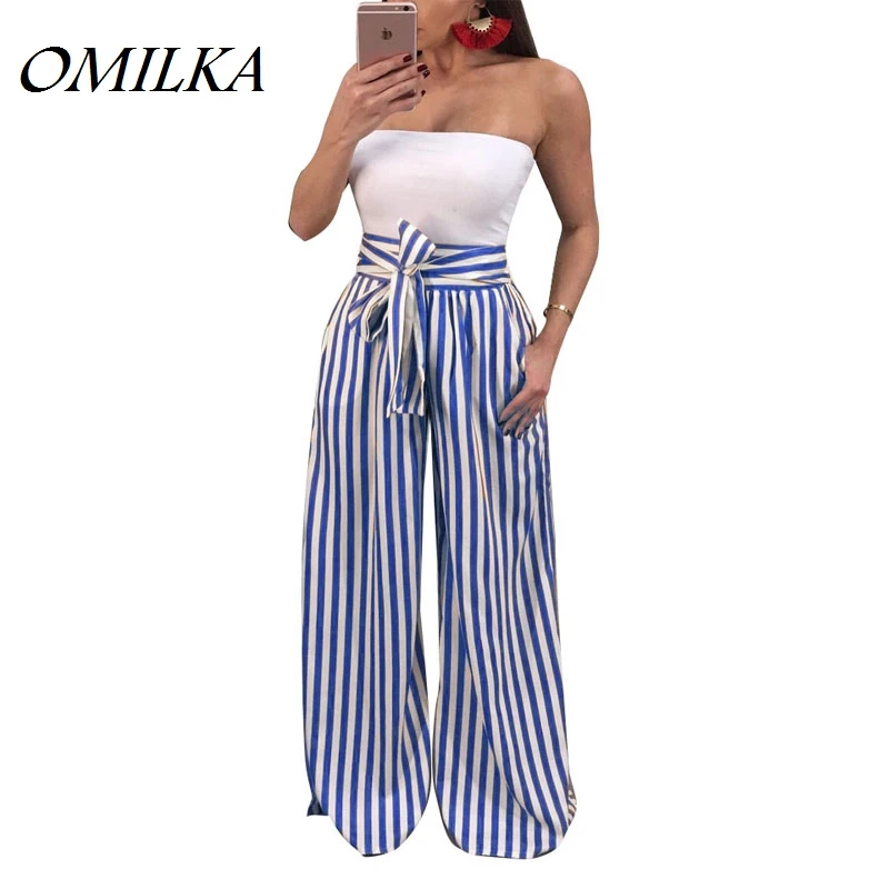

OMILKA 2017 Autumn Women Striped Printed High Waist Bandage Wide Leg Pants Casual Loose Blue Red Black Streetwear Party Pants