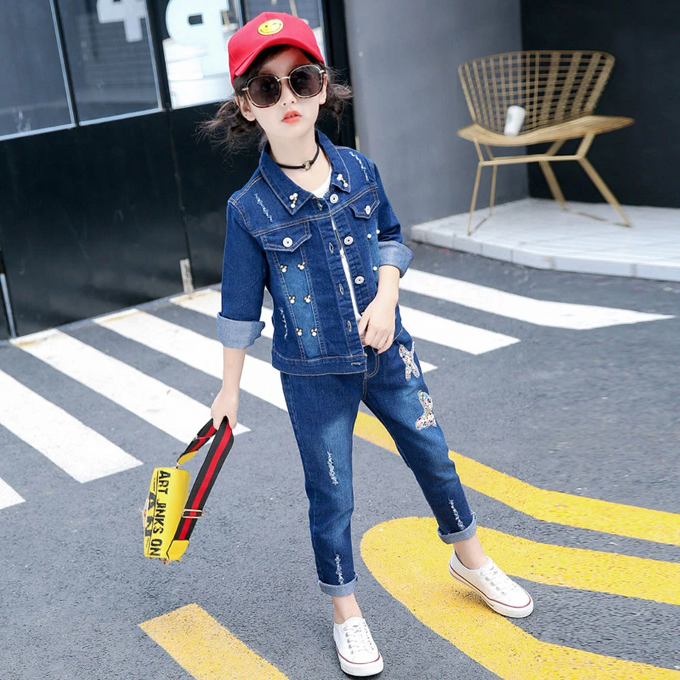 Fashion Spring Autumn Kids Girls Clothing Sets Denim O-neck Tops + ...