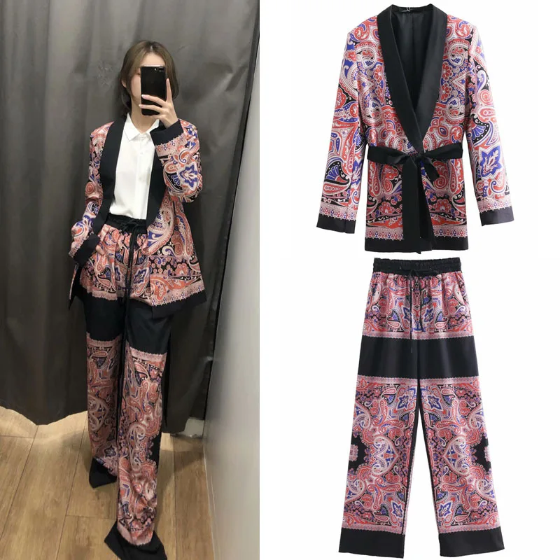 

Spring New Fashion Printed Suit Jacket High Waist Broad-legged Pants Sets Match With Belt Jacket Drawstring Pants 2 Piece Set