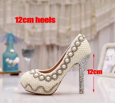 Белые свадебные туфли с жемчугом 13 см свадебные туфли на высоком каблуке со стразами пикантные туфли-лодочки для выпускного туфли большого размера цвета слоновой кости для подружки невесты - Цвет: Ivory 12cm Heels