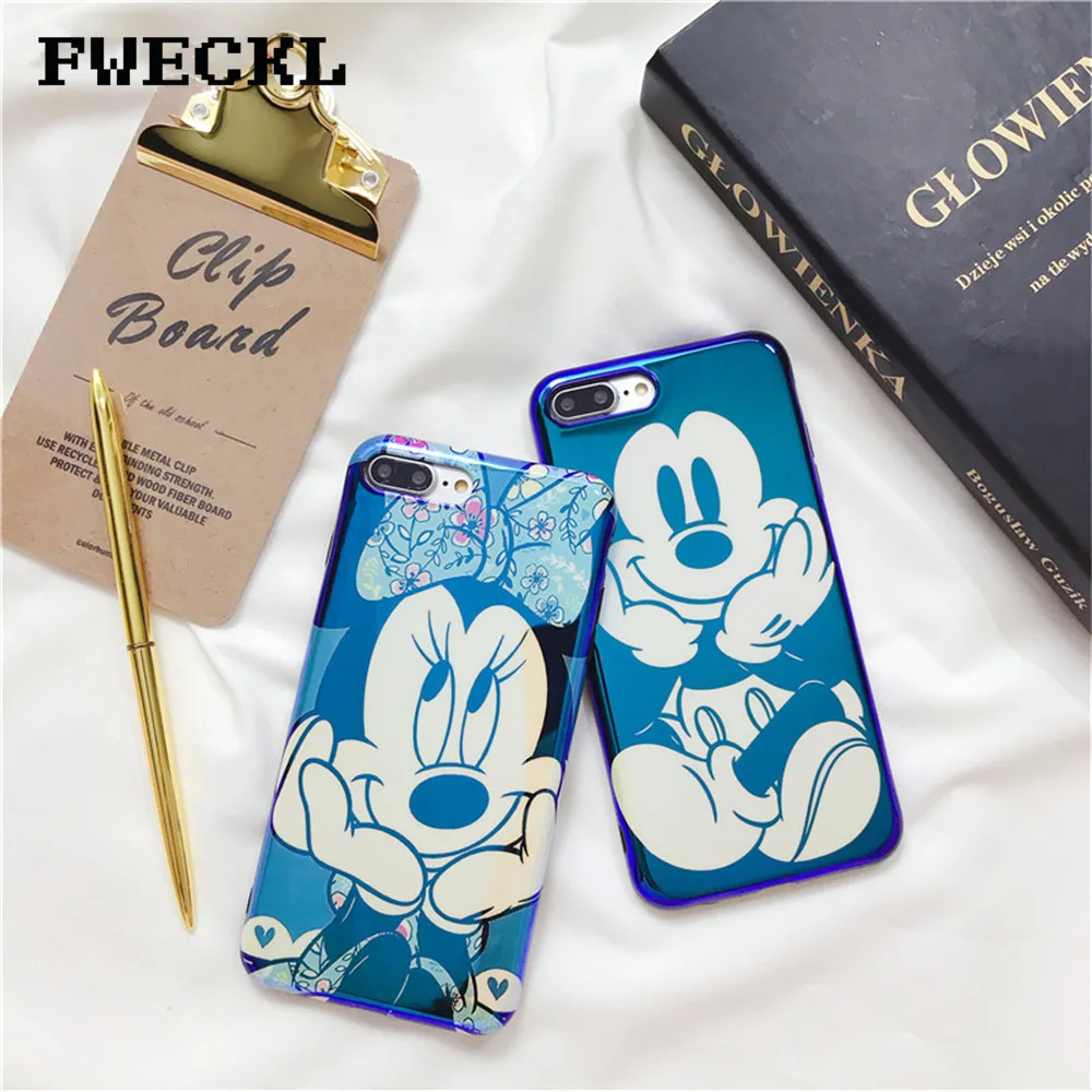 

Super Lovely Cartoon Blue light plating Cartoon Mickey Minnie Mouse Couple Soft IMD Phone For iPhone 7 8 Plus X 10 6 6S Plus