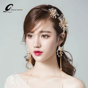 

en Bridal Headbands With Long Dangle Earrings Crystal Tiara Floral Wedding Headpiece Bridal Tiaras Hair Accessories Gifts