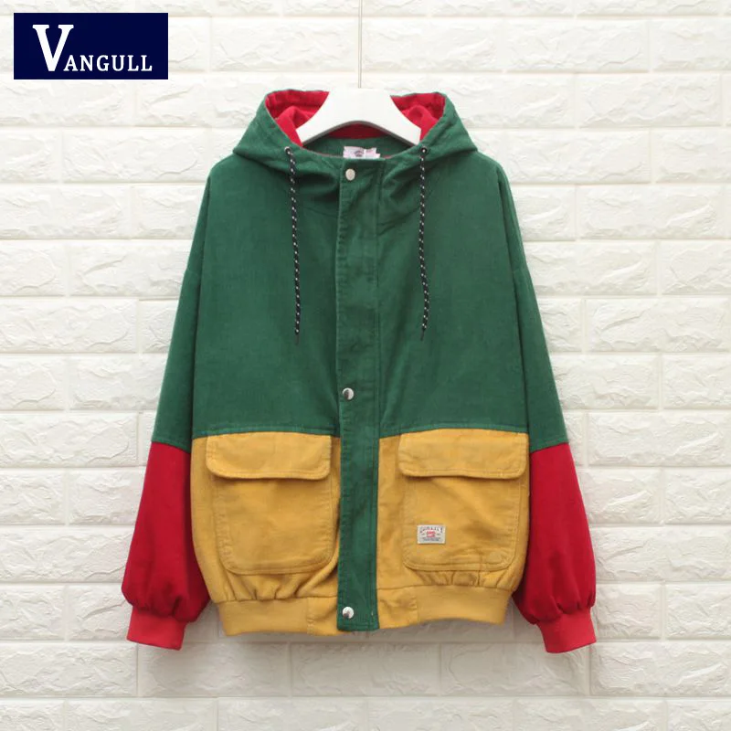 New  Winter Warm Color Block Hooded Corduroy Jacket Drawstring Hit Color Patched Pocket Thick Basic Wome