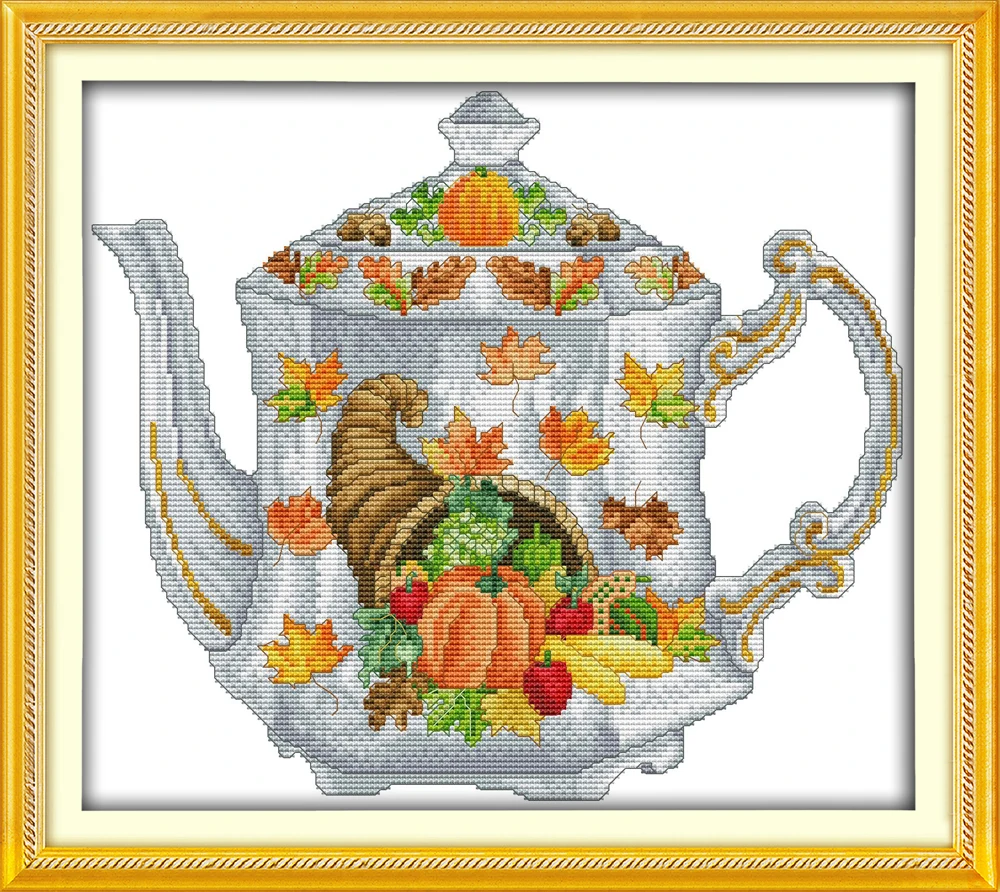 

Teapot (2) cross stitch kit 14ct count fabric canvas DMC color cotton thread stiching embroidery DIY handmade needlework