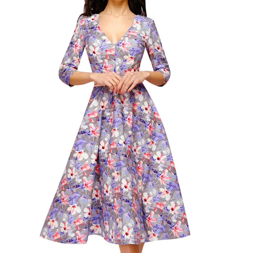 

Women Summer Dress sundress Purple Printing A-line Elegant Lantern Sleeve Knee-Length V Neck Vintage Dress Plus Size 3XL L508