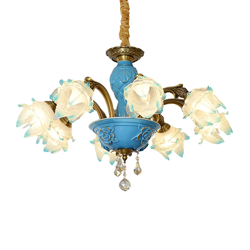 

Vintage glass Chandelier Ceramic Living Room Lights All Copper French Bedroom Lighting Crystal Blue Lustre Chandelier Ceiling