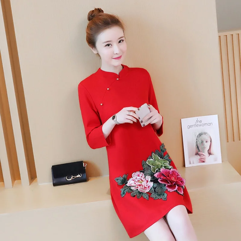 Женское платье осень Cheongsam Qipao женское восточное платье размера плюс Красное Ретро Новогоднее платье Элегантное китайское платье TA1599