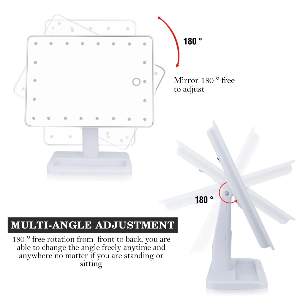 22 светодиода, светильник с регулируемым сенсорным экраном, зеркало для макияжа, вращающееся на 360 градусов, квадратная настольная подставка, косметическое зеркало, инструменты для макияжа