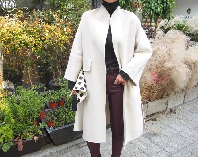 Длинное кашемировое Женское пальто с широкой талией, воротник-стойка, женские шерстяные пальто и куртки больших размеров, Roupas Femininas, корейский стиль, CJJ0091