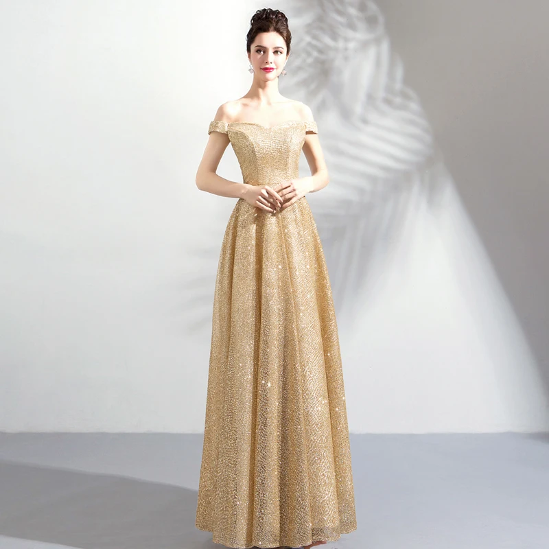 Walk Beside You Gold Evening Dresses Long Off Shoulder Bling Sequined Prom Gown for Women Abito Cerimonia Donna Sera Engagement
