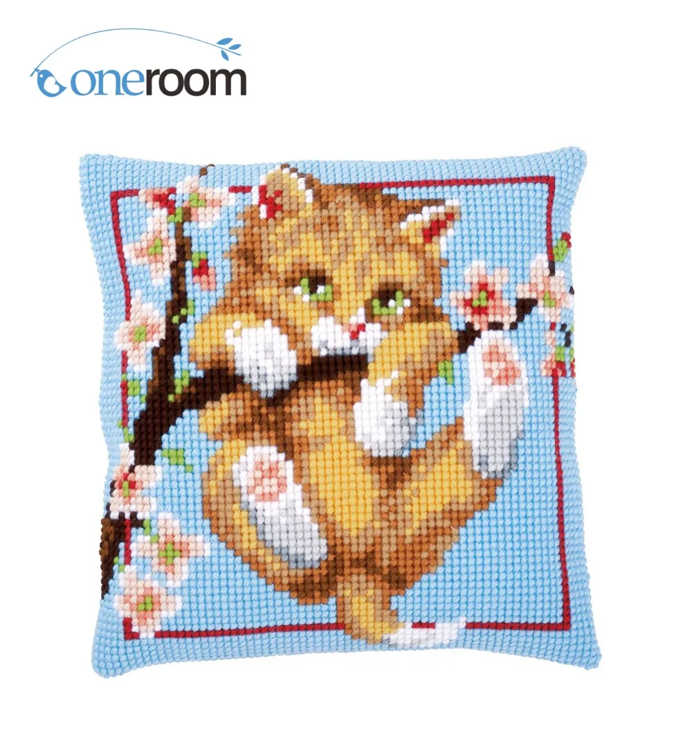 

n3TH CX0778 Cat on Tree DIY Acrylic Yarn Embroidery Pillow Tapestry Canvas Cushion Front Cross Stitch Pillowcase