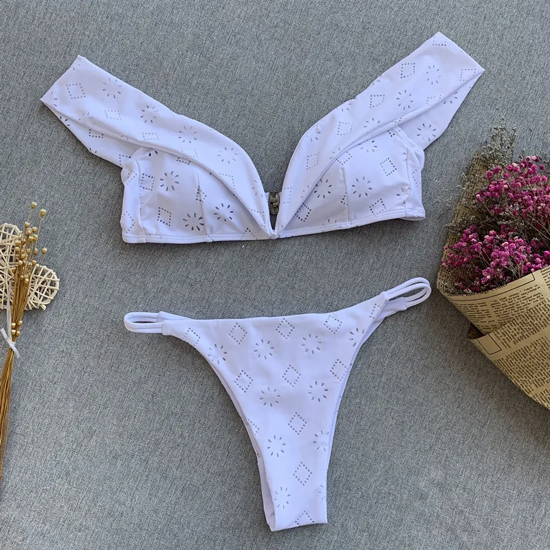 

White Off Shoulder Bandeau Bikini Set 2019 Sexy V-neck Swimsuit Women Brazilian Strappy Swimwear Female Bathing Suit Swimming