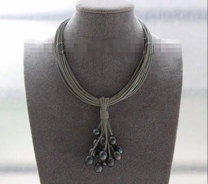 

FREE SHIPPING HOT sell new Style >>>>> Choker 16" 15row 14mm black pearls gray leather necklace magnet clasp j9573