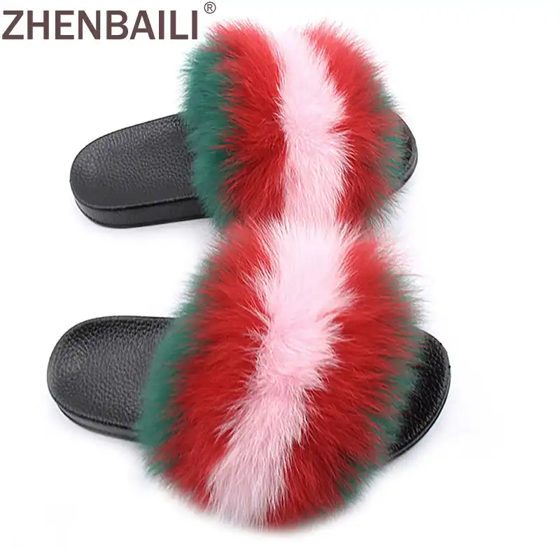 rainbow faux fur slides