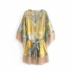 Колокольчик 65-6003 2019 г. популярное стильное богемное ретро платье-кимоно с v-образным вырезом и кисточками кардиган